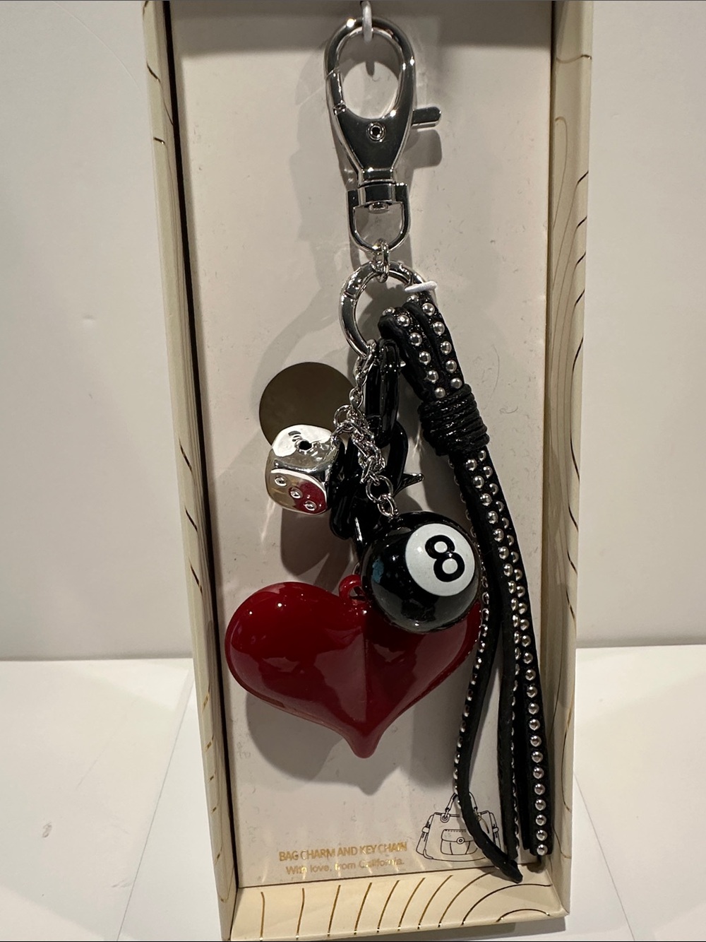NWT Eye Candy Bag Charm and Key Chain with Heart, Ball, Dice and Tassel.
